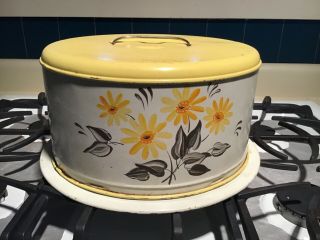Vintage Metal Cake Taker Saver Keeper Yellow Flowers White Round 1950’s
