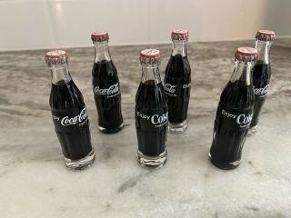 6 Vintage Miniature Glass Coca Cola Coke Bottles 3 1/8 " Tall With Metal Caps