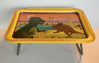 Vintage Metal Tv Lap Tray W/ Folding Legs Dinosaurs 1970’s