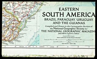 ⫸ 1955 - 3 March Vintage Map Eastern South America National Geographic A1