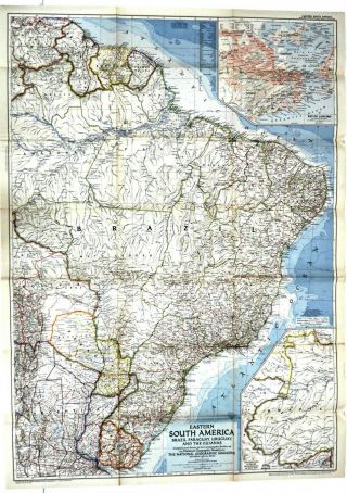 ⫸ 1955 - 3 March Vintage Map EASTERN SOUTH AMERICA National Geographic A1 2