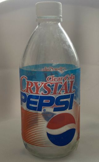 Full 16oz Crystal Pepsi Clear Cola Glass Soda Bottle