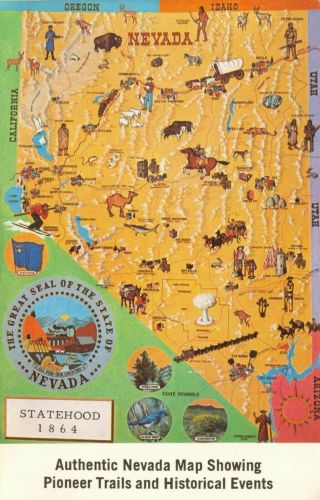 Illustrated Nevada Map Pioneer Trails And Historical Events Vintage Postcard G06