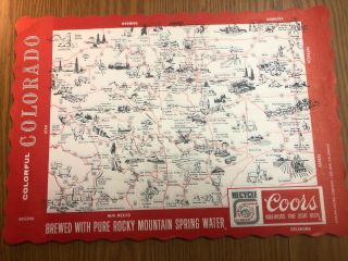 Vintage Coors Beer Colorful Colorado Map Paper Placemats Recycle Very Rare