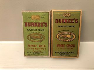 (2) Vintage E.  R.  Durkee & Co.  Ginger & Mace Spice Boxes Great Ad