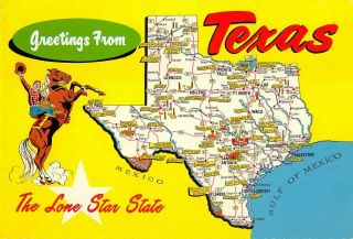 Greetings From Texas - Cowboy On Horse,  Map The Lone Star State Vintage Postcard