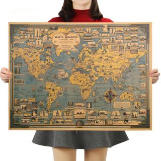 World Map Great Buildings Retro Kraft Paper Wall Decor Poster 68 51 Cm/ 26 20 In