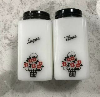 Vintage Sugar And Flour Shakers Red And Black Flower Basket Tipp U S A