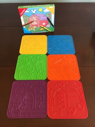 Vintage 1990 Tuppertoys Picture Plates Set Of 6 Rubbing Drawing Stencils