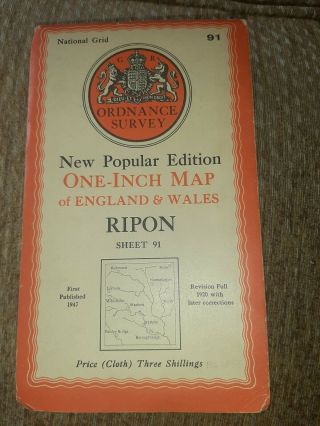 Vintage Ordnance Survey One - Inch Map Of Ripon,  Map Number 91.  Cloth 3d 1947