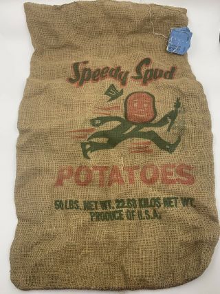 Vintage Speedy Spud 50lb Burlap Potato Sack With Official Blue Tag Of 1992