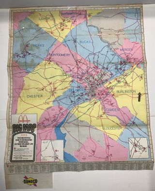 Vintage 1976 Mcdonalds & Sunoco Big Map Of Mcdonalds Locations Jersey Penn.