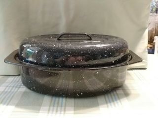 Vintage Small Black Speckled Enamel Roaster Roasting Pan Usa 13 " L X 8 1/4” X 3