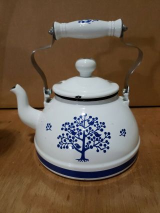 Vintage Enamel Tea Pot.  White With Blue Birds In Tree Design.