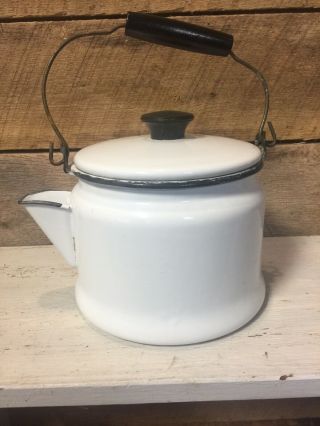 Vintage Enamelware Tea Kettle / Water Pot White W/black Trim Wood Handle
