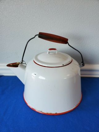 Vintage Enamel Ware Red & White Tea Kettle Pot W/ Wood Handle Farmhouse Kitchen