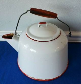 Vintage Enamel Ware Red & White Tea Kettle Pot W/ Wood Handle Farmhouse Kitchen 2