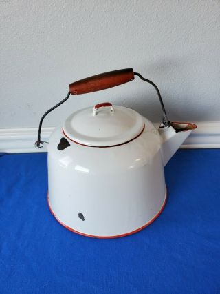 Vintage Enamel Ware Red & White Tea Kettle Pot W/ Wood Handle Farmhouse Kitchen 3
