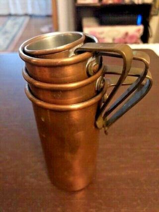 Vintage Rustic Copper Measuring Cups W/ Brass Handles Set Of 4 Nesting Antique