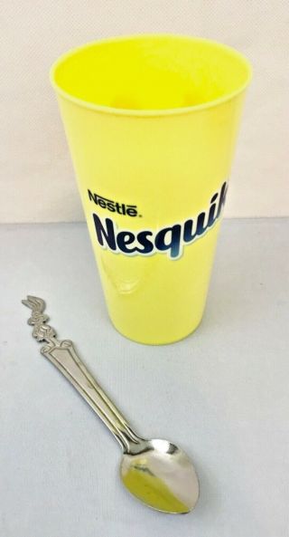 Nestle Quik Nesquik Chocolate Stainless Steel And Bunny Rabbit 6 1/2 Spoon & Cup