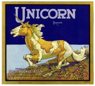 Mythological Unicorn Rare 1930s East Highlands Orange Fruit Crate Label