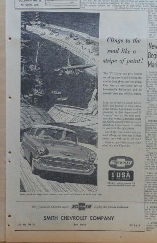 1957 Newspaper Ad For Chevrolet - Clings To Road Like Stripe Of Paint,  Bel Air