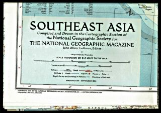 ⫸ 1955 - 9 September Vintage Orig.  Map Se Southeast Asia National Geographic X Z