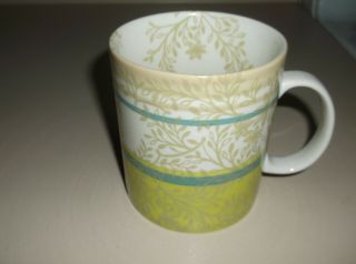 Starbucks 2008 14oz Green Beige Floral Leaf Design Coffee Tea Mug Cup Blue Bands