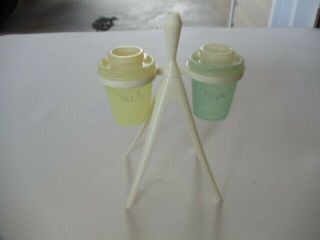 Vintage Tupperware Atomic Midget Salt And Pepper Shakers With Stand Yellow &teal