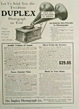 1906 Antique Duplex Phonograph Kalamazoo Michigan Vintage Print Ad