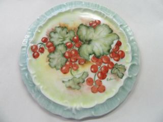 Vintage Antique Hand Painted Cherries Porcelain Art Trivet Wall Plate Signed
