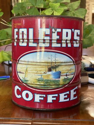 Large Vintage Red Folgers Coffee Can With Ship Scene And Yellow Flowers
