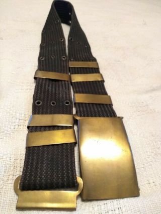 Vintage Us Military Canvas Type Belt W/solid Brass Buckle Dark Color Adjustable