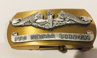 Usn Us Navy Ship Submarine Uss Nevada Ssbn - 733 C.  P.  O.  Brass Dolphin Belt Buckle