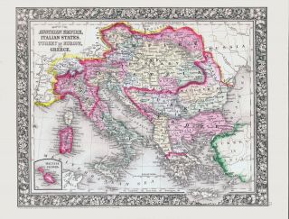 1860 Full Hand Colored Mitchell Map Of Austrian Empire,  Italian States,  Greece,  I