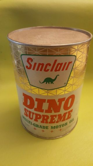 Vintage Full Sinclair Dino Supreme Motor Oil Composite Quart Can