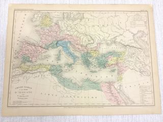 1877 Antique Map Of Ancient Roman Empire Emperor Augustus Hand Coloured French
