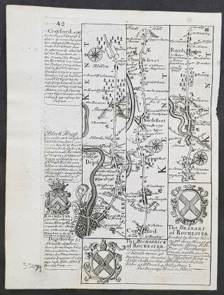 1720 Emmanuel Bowen Antique British Road Map - London To Rochester In Kent