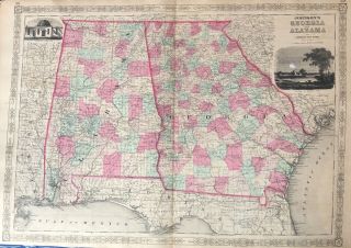 Hand Colored Map Of Georgia & Alabama By Johnson And Ward 1863