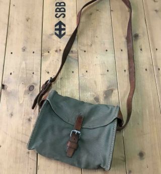 1990 Vintage Swiss Army Military Shoulder Bag Leather And Canvas