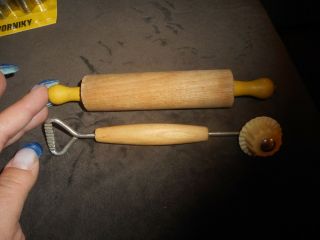 Vintage Wooden Handles Cookie Dough Cutter And Small Rolling Pin