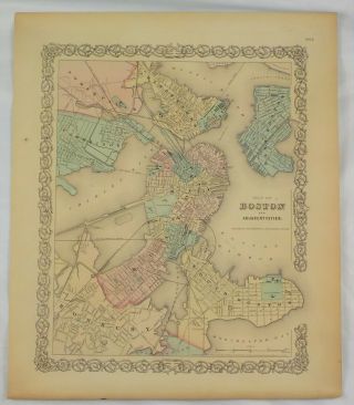 Antique 1855 Jh Colton Hand Colored Map Of Boston Massachusetts