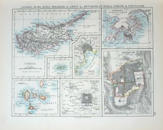 Antique 1902 Map Cyprus Hong Kong With Reverse Calcutta Madras W & Ak Johnston