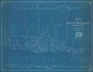 1934 Harkins Cyanotype Print Of 1851 Walling City Map Or Plan Of Bath,  Maine