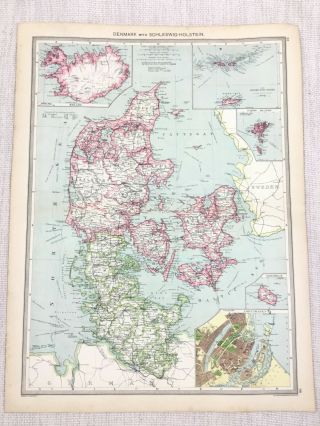 1909 Antique Map Of Denmark Schleswig Holstein Copenhagen George Philip