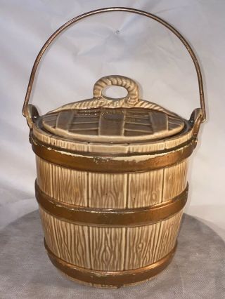 Vintage Mccoy Brown Basket Weave Cookie Jar With Metal Handle