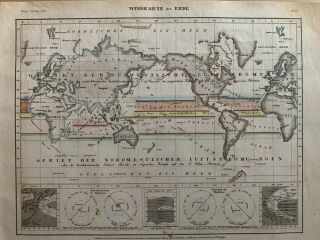 1852 World Winds Chart Hand Coloured Antique Map By Joseph Meyer
