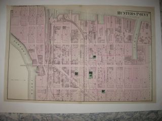 Antique 1873 Hunters Point Long Island City Winfield Queens York Handclr Map
