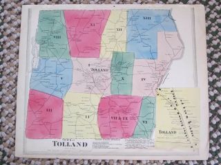 Antique 1869 Tolland,  Ct. ,  Hand Colored Map.  Map I