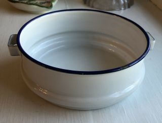 Vintage Ker Sweden White Enamel Bowl Or Pot With Blue Trim And Handles
